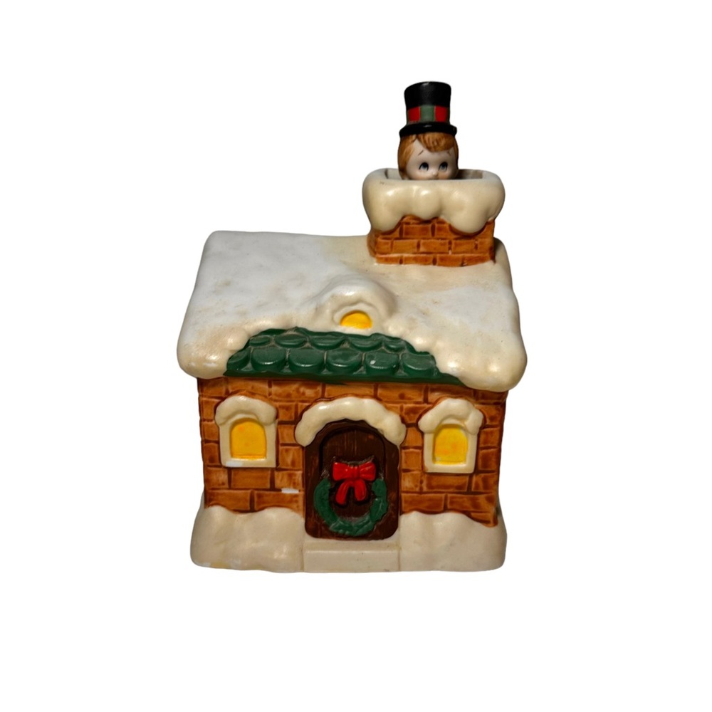 1980 Mann Ceramic Music Box Boy Christmas House Made In Japan Chimney Works